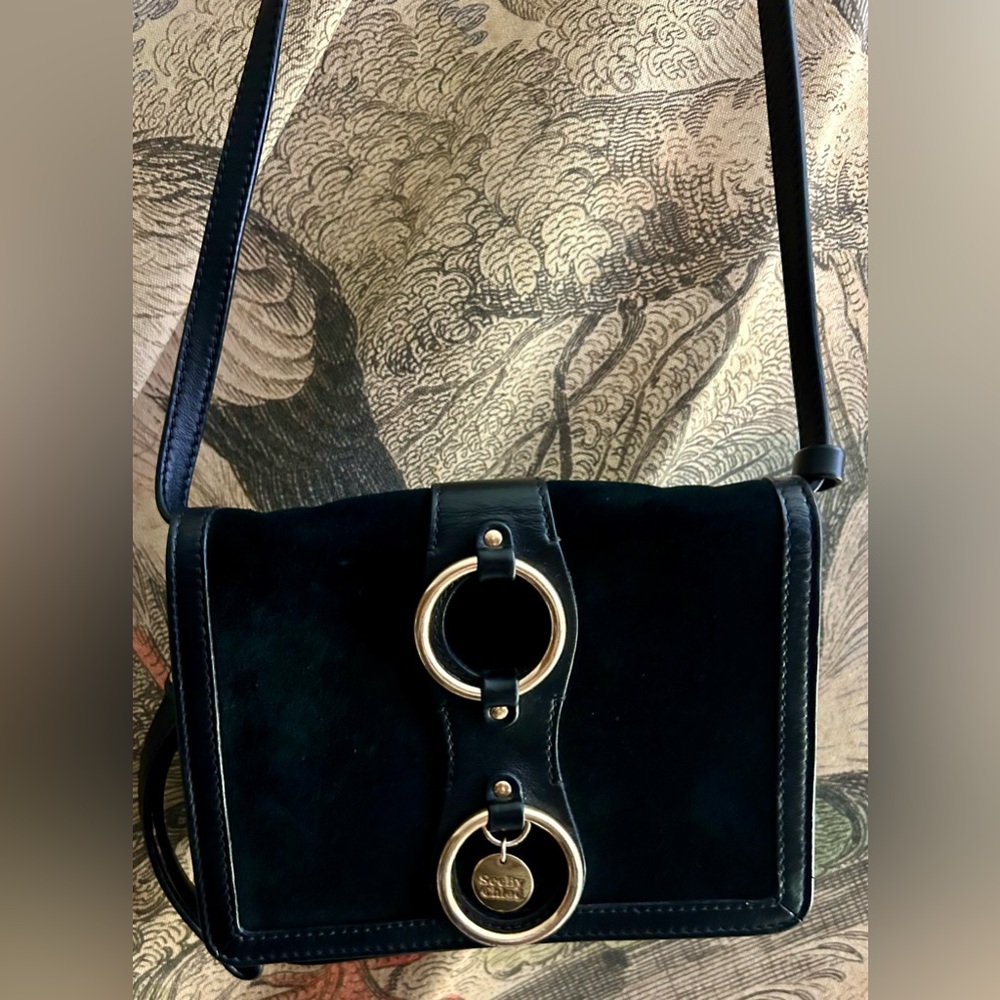 * See By Chloe Black Leather Suede Crossbody Clutch Wristlet Bag *